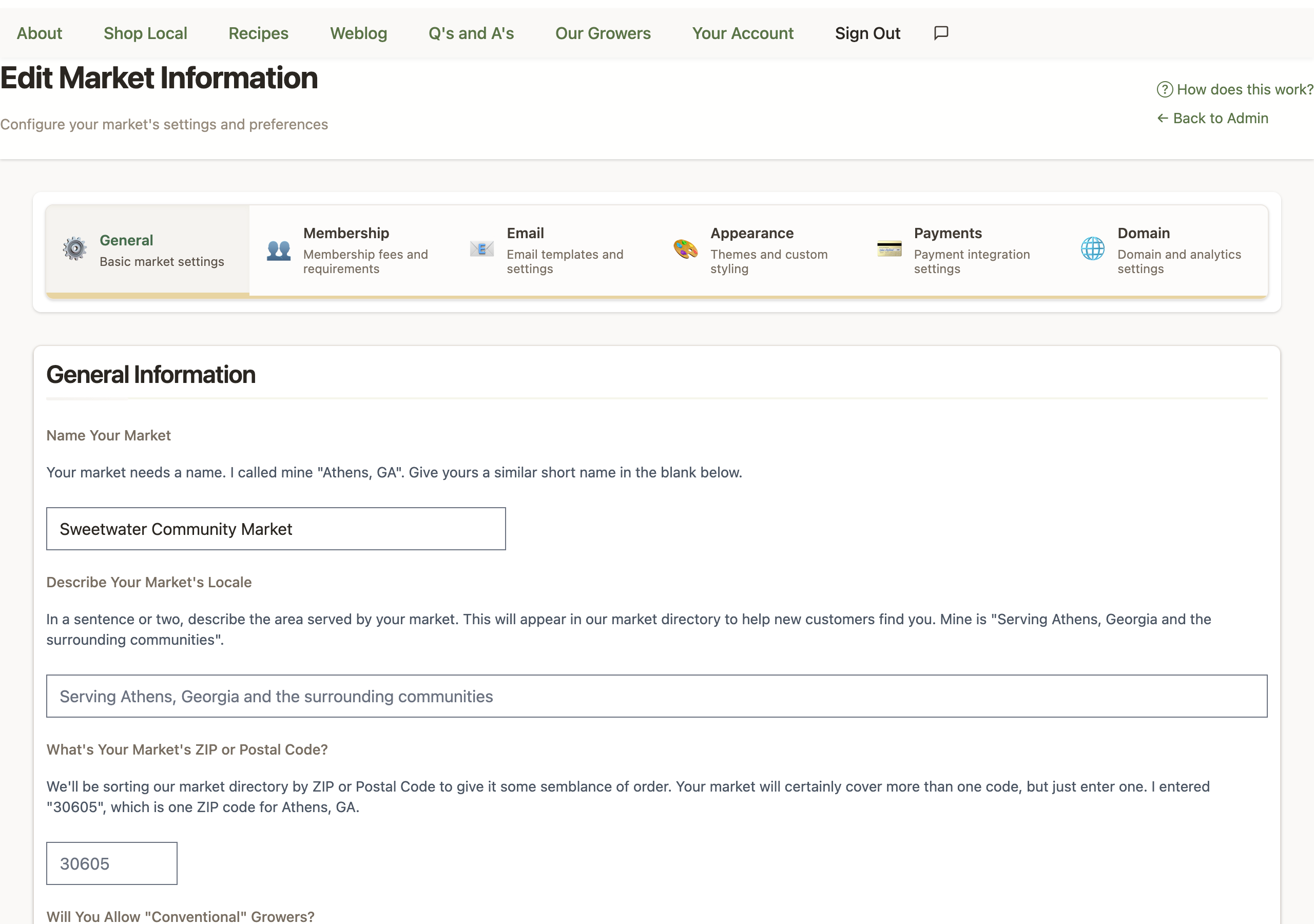 The Edit Market Information page: tabs for General, Membership, Email, Appearance, Payments, and Domain settings, with the General Information form open showing the market name, locale, and ZIP code fields.
